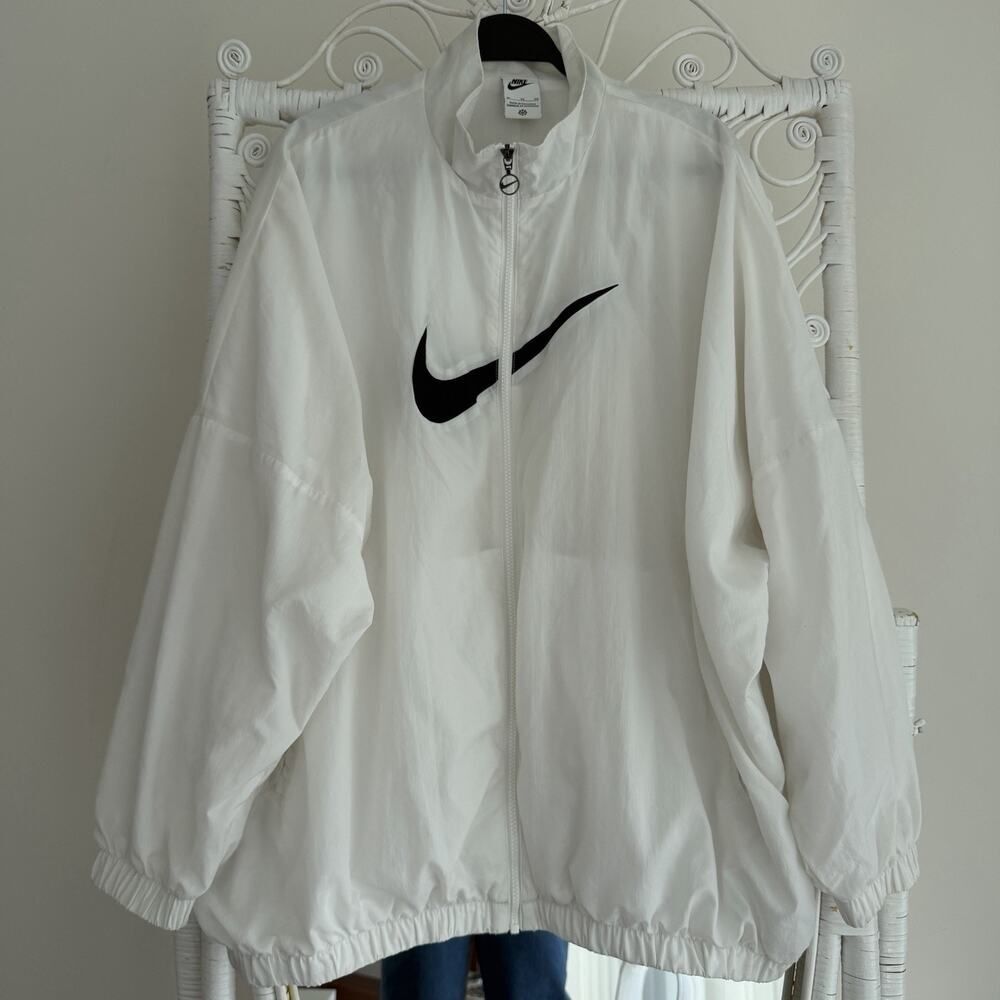 Nike Sportswear Essential Woven Jacket Womens XL White Black Windrunner Swoosh
